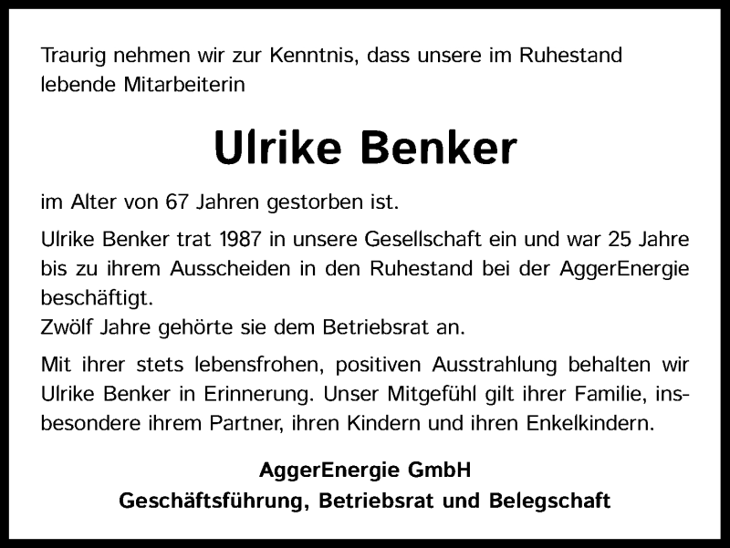  Traueranzeige für Ulrike Benker vom 28.11.2020 aus Kölner Stadt-Anzeiger / Kölnische Rundschau / Express
