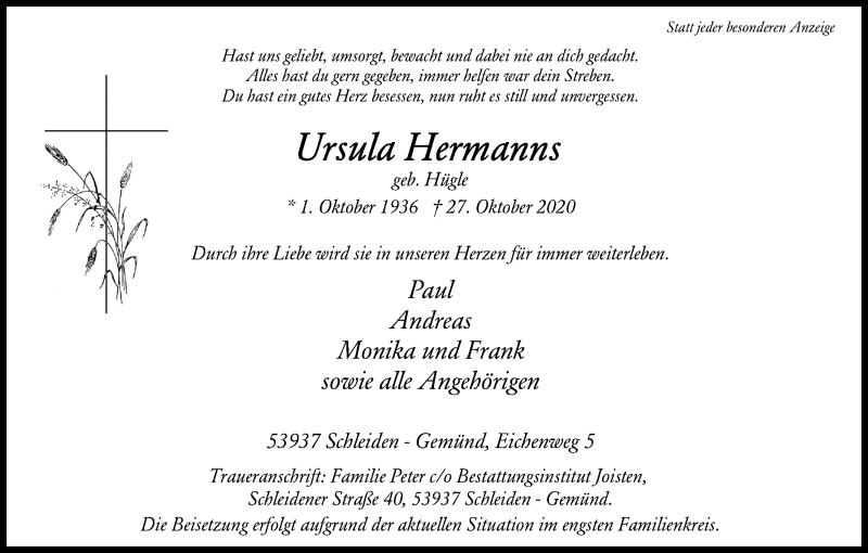  Traueranzeige für Ursula Hermanns vom 04.11.2020 aus Kölner Stadt-Anzeiger / Kölnische Rundschau / Express