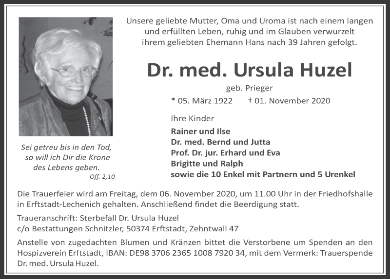  Traueranzeige für Ursula Huzel vom 06.11.2020 aus  Werbepost 