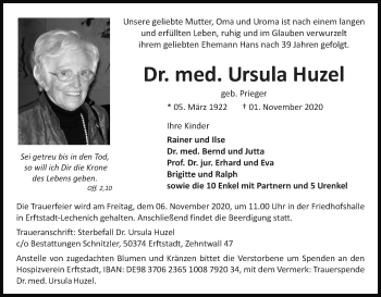Anzeige von Ursula Huzel von Kölner Stadt-Anzeiger / Kölnische Rundschau / Express