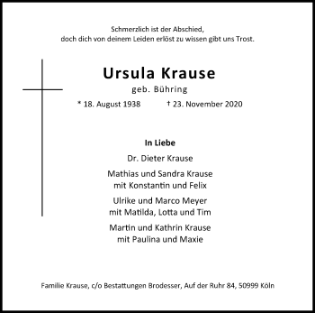 Anzeige von Ursula Krause von Kölner Stadt-Anzeiger / Kölnische Rundschau / Express