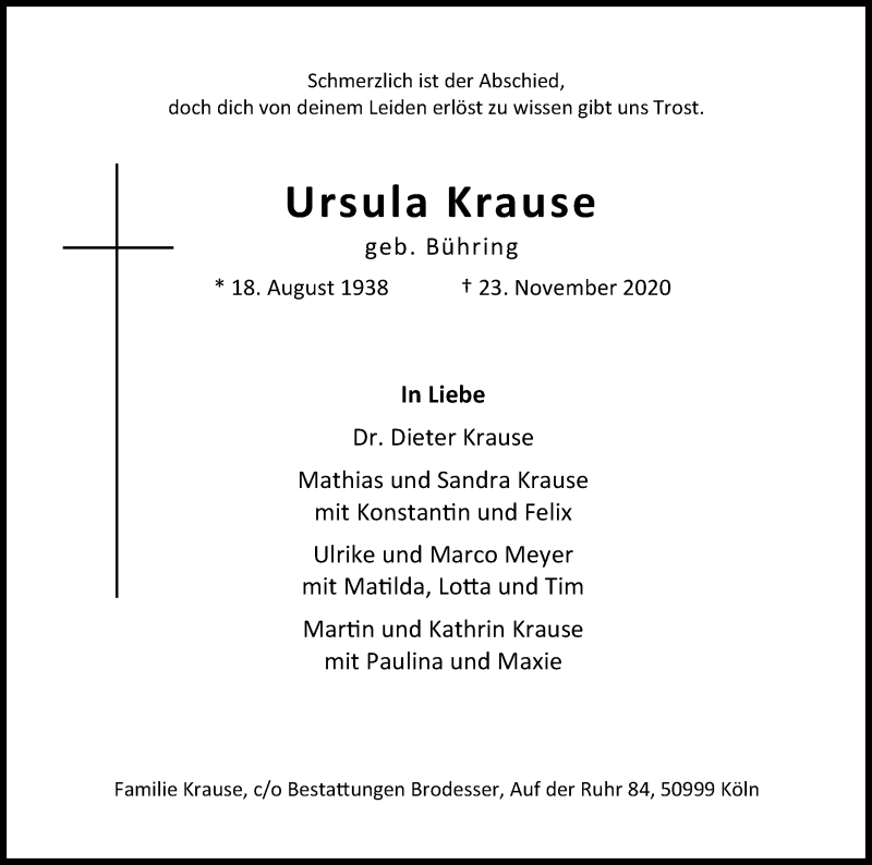  Traueranzeige für Ursula Krause vom 28.11.2020 aus Kölner Stadt-Anzeiger / Kölnische Rundschau / Express