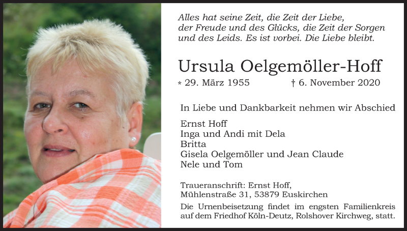  Traueranzeige für Ursula Oelgemöller-Hoff vom 21.11.2020 aus Kölner Stadt-Anzeiger / Kölnische Rundschau / Express