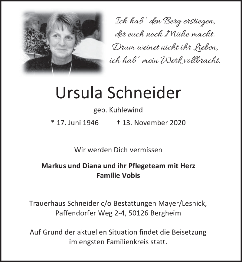  Traueranzeige für Ursula Schneider vom 20.11.2020 aus  Werbepost 