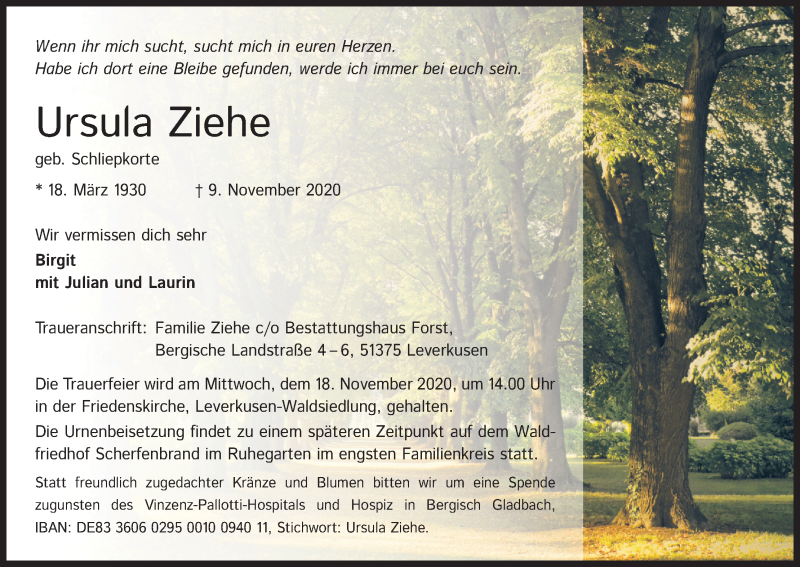  Traueranzeige für Ursula Ziehe vom 14.11.2020 aus Kölner Stadt-Anzeiger / Kölnische Rundschau / Express