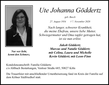 Anzeige von Ute Johanna Göddertz von Kölner Stadt-Anzeiger / Kölnische Rundschau / Express