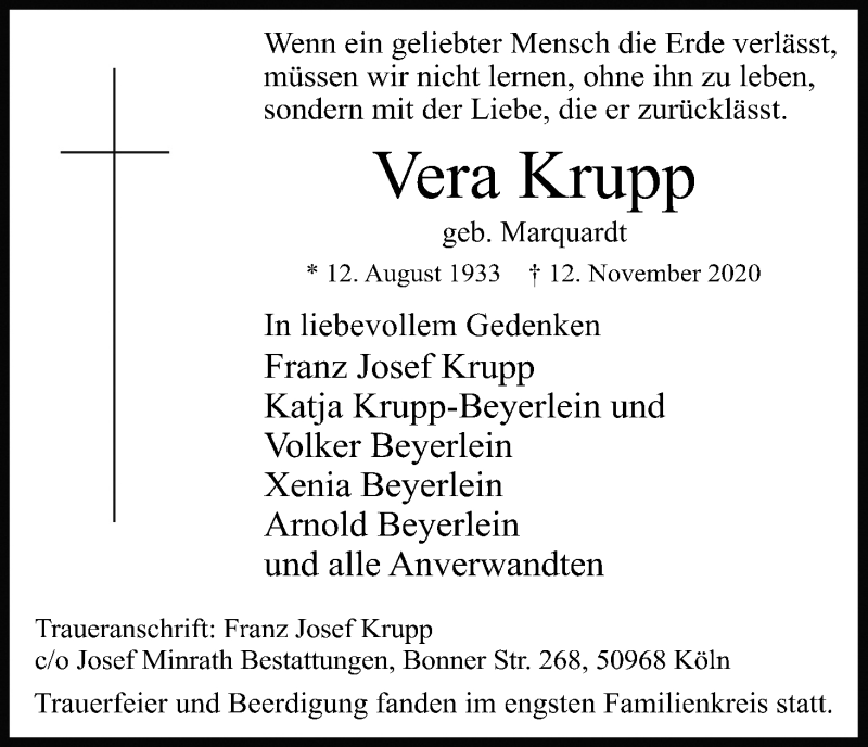  Traueranzeige für Vera Krupp vom 28.11.2020 aus Kölner Stadt-Anzeiger / Kölnische Rundschau / Express