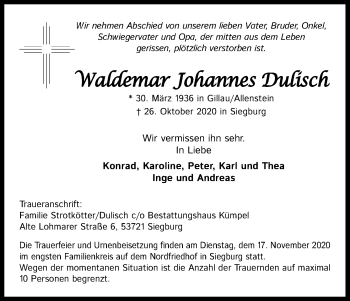 Anzeige von Waldemar Johannes Dulisch von Kölner Stadt-Anzeiger / Kölnische Rundschau / Express