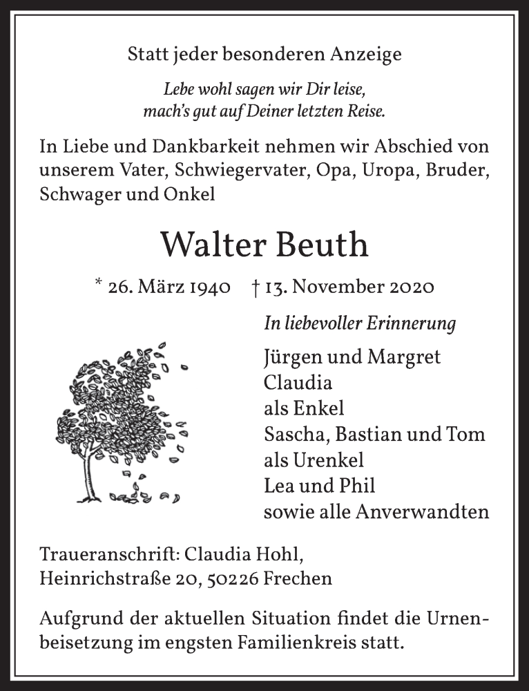  Traueranzeige für Walter Beuth vom 20.11.2020 aus  Wochenende 