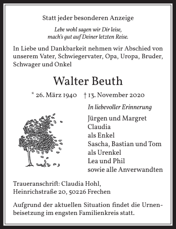 Anzeige von Walter Beuth von  Wochenende 