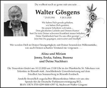 Anzeige von Walter Gösgens von  Bergisches Handelsblatt 