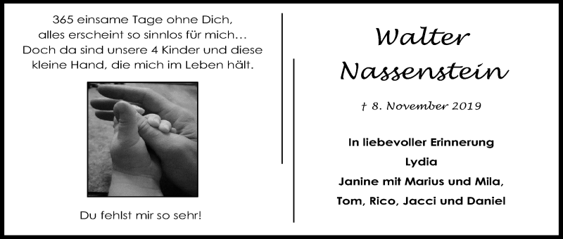 Traueranzeige für Walter Nassenstein vom 07.11.2020 aus Kölner Stadt-Anzeiger / Kölnische Rundschau / Express