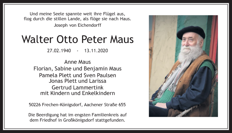  Traueranzeige für Walter Otto Peter Maus vom 27.11.2020 aus  Wochenende 