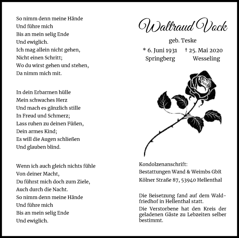  Traueranzeige für Waltraud Vock vom 07.11.2020 aus Kölner Stadt-Anzeiger / Kölnische Rundschau / Express