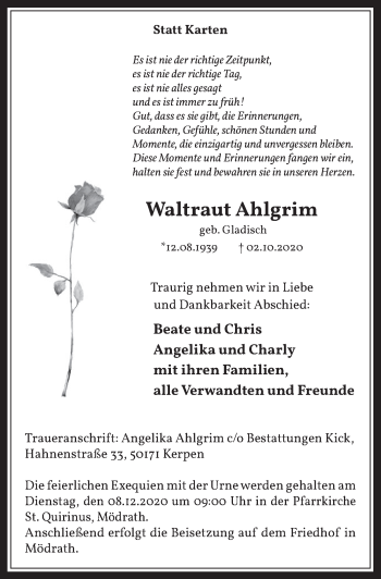 Anzeige von Waltraut Ahlgrim von  Werbepost 