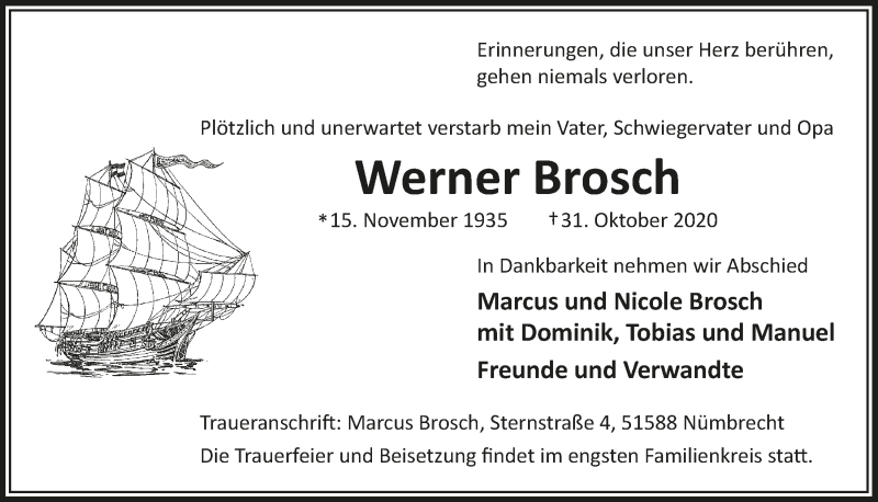  Traueranzeige für Werner Brosch vom 06.11.2020 aus  Anzeigen Echo  Lokalanzeiger 