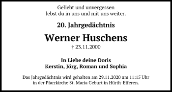 Anzeige von Werner Huschens von Kölner Stadt-Anzeiger / Kölnische Rundschau / Express