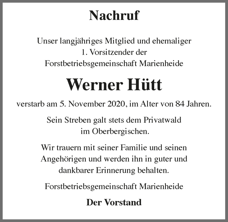  Traueranzeige für Werner Hütt vom 13.11.2020 aus  Anzeigen Echo 
