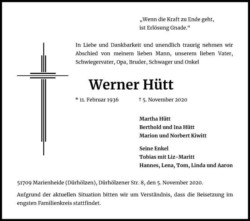  Traueranzeige für Werner Hütt vom 07.11.2020 aus Kölner Stadt-Anzeiger / Kölnische Rundschau / Express