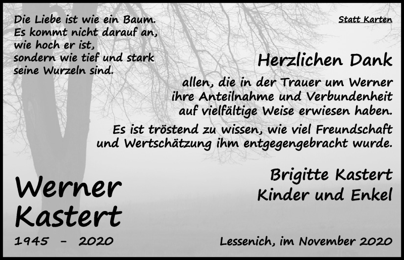 Traueranzeige für Werner Kastert vom 14.11.2020 aus  Blickpunkt Euskirchen 
