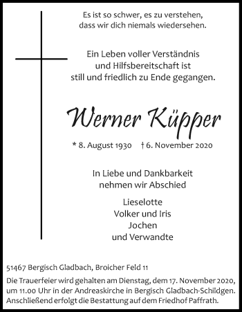 Anzeige von Werner Küpper von Kölner Stadt-Anzeiger / Kölnische Rundschau / Express