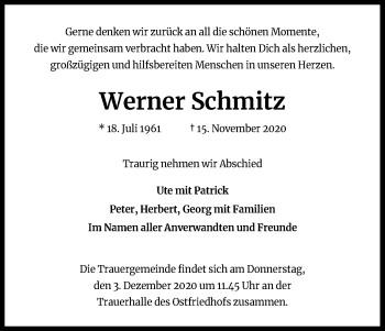 Anzeige von Werner Schmitz von Kölner Stadt-Anzeiger / Kölnische Rundschau / Express