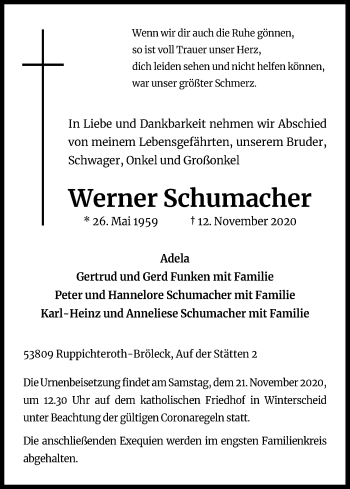 Anzeige von Werner Schumacher von Kölner Stadt-Anzeiger / Kölnische Rundschau / Express