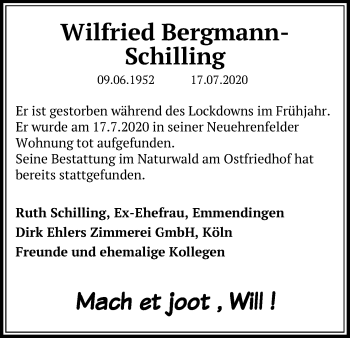 Anzeige von Wilfried Bergmann-Schilling von Kölner Stadt-Anzeiger / Kölnische Rundschau / Express