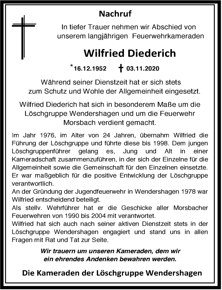  Traueranzeige für Wilfried Diederich vom 20.11.2020 aus  Lokalanzeiger 