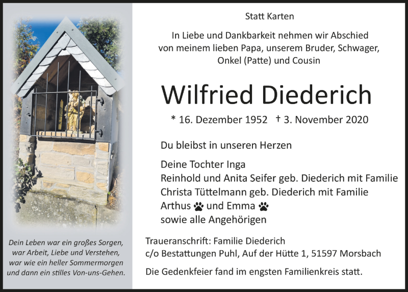  Traueranzeige für Wilfried Diederich vom 13.11.2020 aus  Lokalanzeiger 