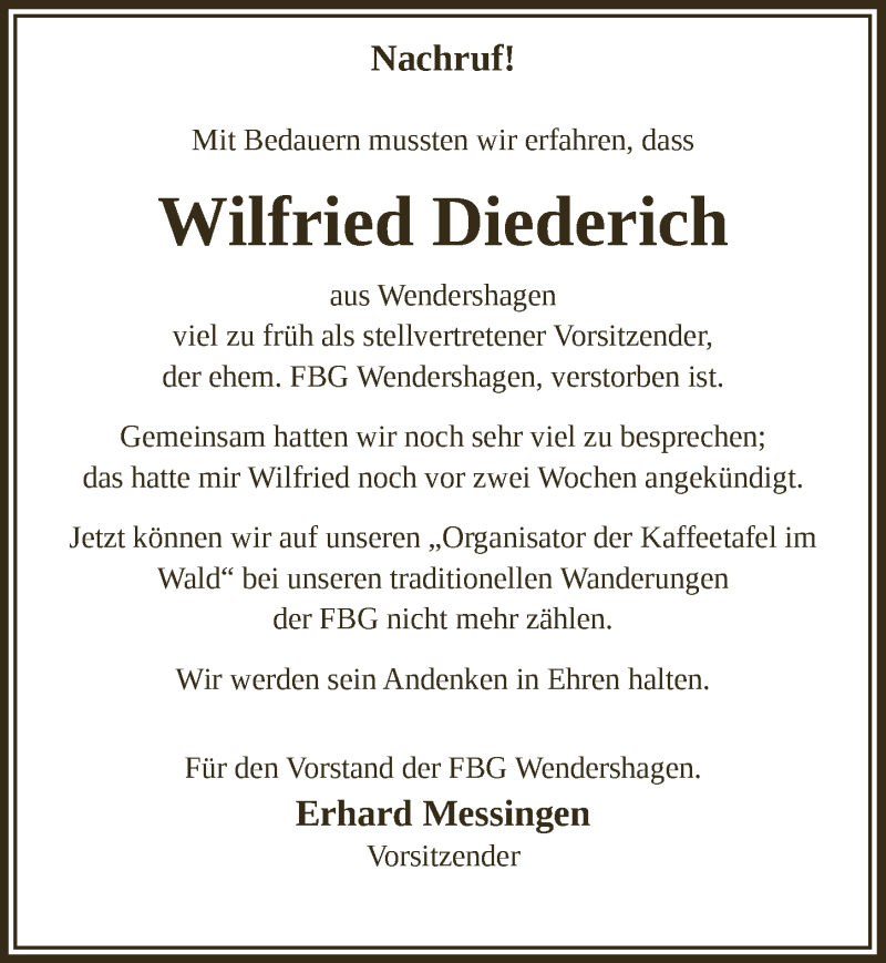  Traueranzeige für Wilfried Diederich vom 13.11.2020 aus  Lokalanzeiger 