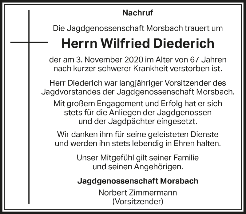  Traueranzeige für Wilfried Diederich vom 20.11.2020 aus  Lokalanzeiger 