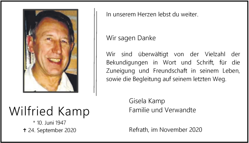  Traueranzeige für Wilfried Kamp vom 13.11.2020 aus  Bergisches Handelsblatt 