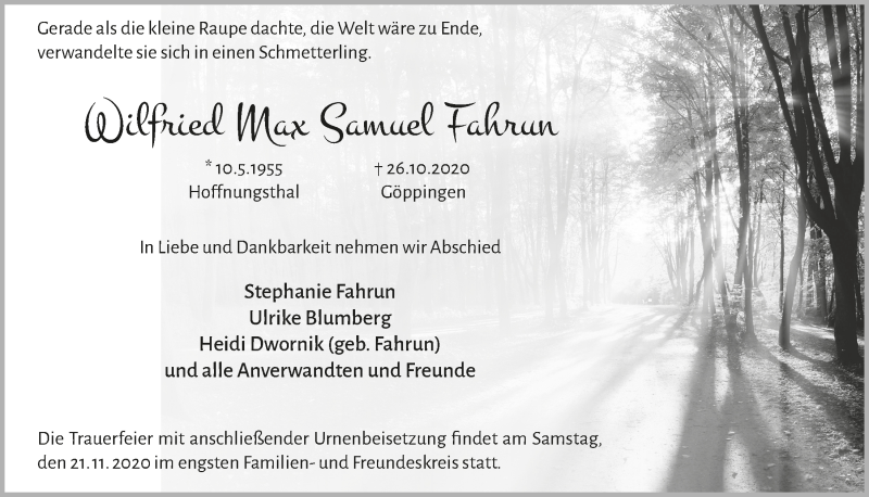  Traueranzeige für Wilfried Max Samuel Fahrun vom 20.11.2020 aus  Bergisches Handelsblatt 