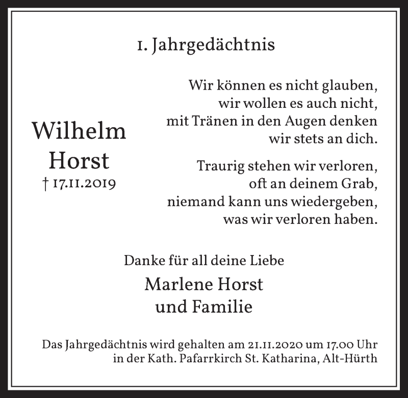  Traueranzeige für Wilhelm Horst vom 13.11.2020 aus  Wochenende 