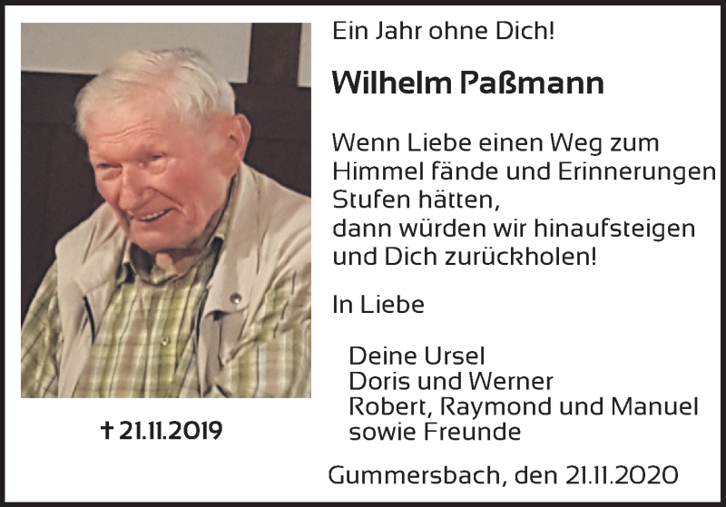  Traueranzeige für Wilhelm Paßmann vom 21.11.2020 aus Kölner Stadt-Anzeiger / Kölnische Rundschau / Express