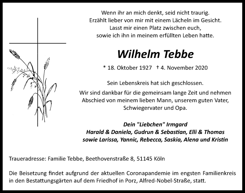  Traueranzeige für Wilhelm Tebbe vom 13.11.2020 aus  Kölner Wochenspiegel 
