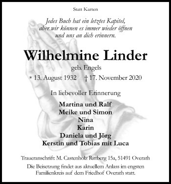 Anzeige von Wilhelmine Linder von Kölner Stadt-Anzeiger / Kölnische Rundschau / Express