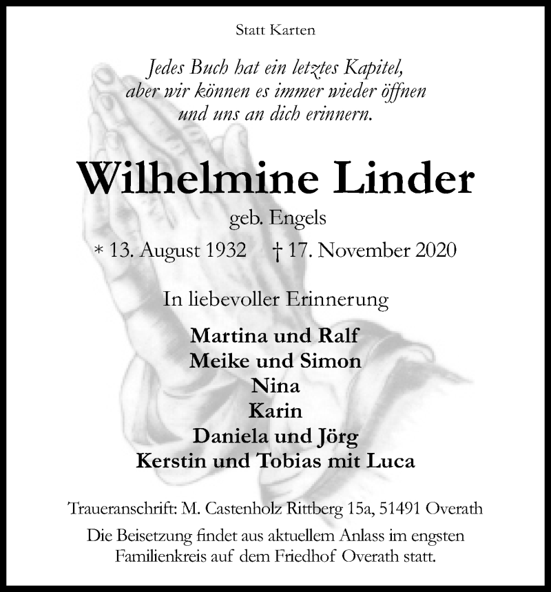  Traueranzeige für Wilhelmine Linder vom 21.11.2020 aus Kölner Stadt-Anzeiger / Kölnische Rundschau / Express