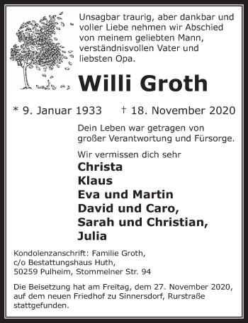 Anzeige von Willi Groth von  Wochenende 
