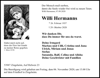 Anzeige von Willi Hermanns von Kölner Stadt-Anzeiger / Kölnische Rundschau / Express