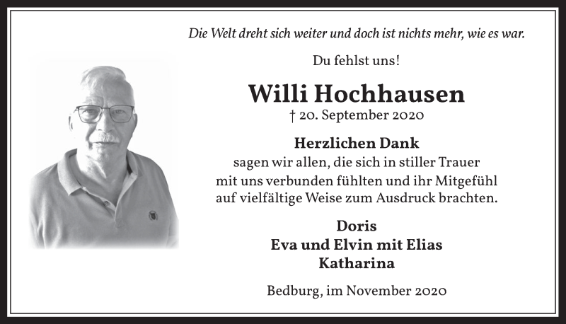 Traueranzeige für Willi Hochhausen vom 06.11.2020 aus  Werbepost 