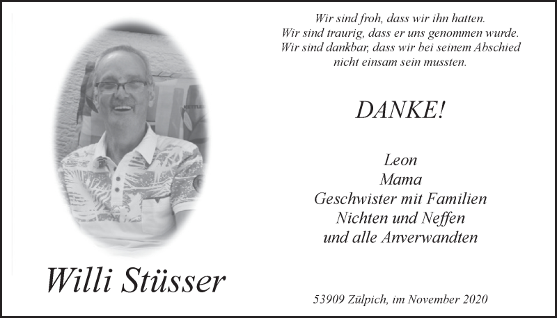  Traueranzeige für Willi Stüsser vom 21.11.2020 aus  Blickpunkt Euskirchen 