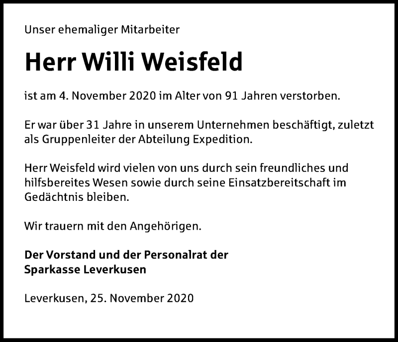  Traueranzeige für Willi Weisfeld vom 25.11.2020 aus Kölner Stadt-Anzeiger / Kölnische Rundschau / Express