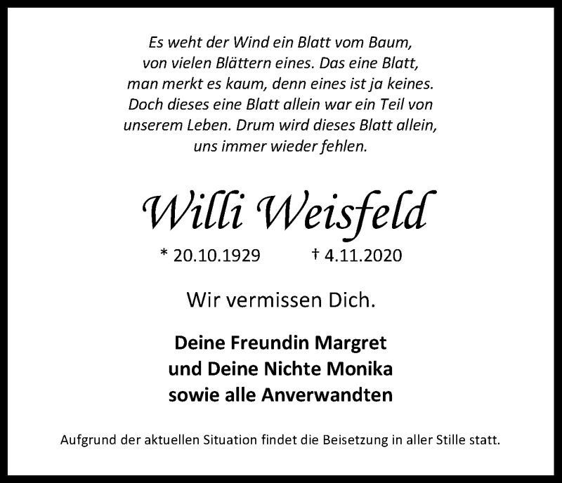 Traueranzeige für Willi Weisfeld vom 21.11.2020 aus Kölner Stadt-Anzeiger / Kölnische Rundschau / Express