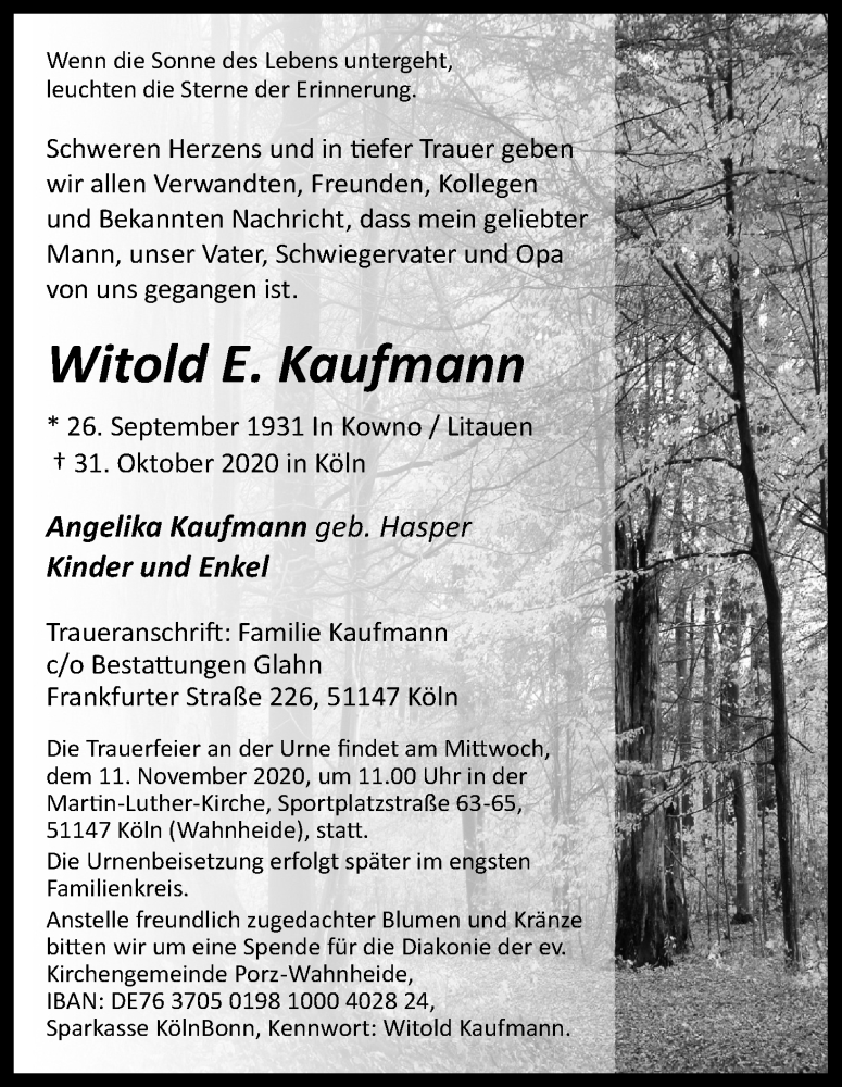  Traueranzeige für Witold E. Kaufmann vom 07.11.2020 aus Kölner Stadt-Anzeiger / Kölnische Rundschau / Express