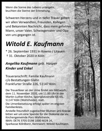 Anzeige von Witold E. Kaufmann von Kölner Stadt-Anzeiger / Kölnische Rundschau / Express