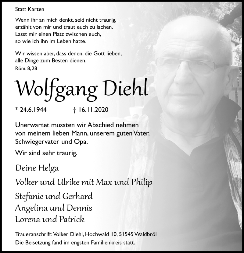  Traueranzeige für Wolfgang Diehl vom 20.11.2020 aus  Lokalanzeiger 