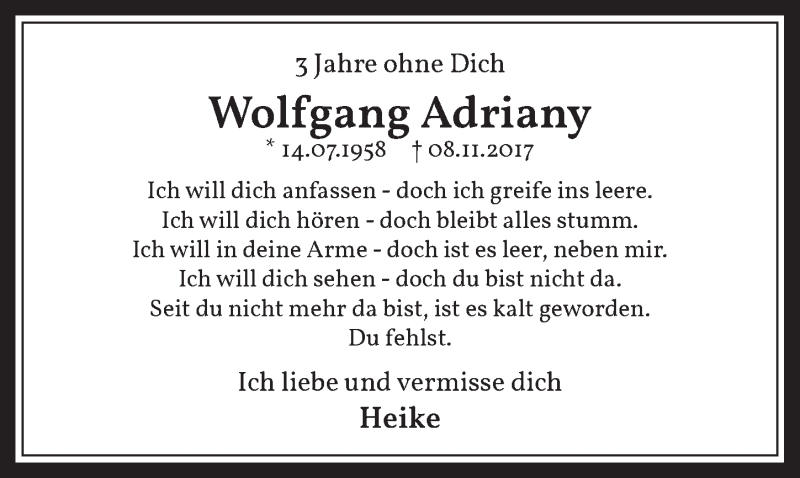  Traueranzeige für Wolfgang Adriany vom 06.11.2020 aus  Werbepost 