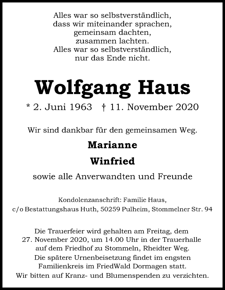  Traueranzeige für Wolfgang Haus vom 21.11.2020 aus Kölner Stadt-Anzeiger / Kölnische Rundschau / Express